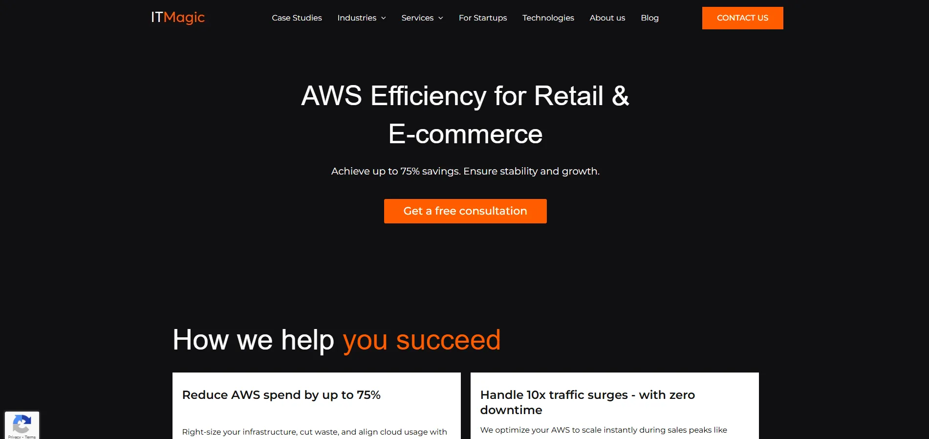 Home page showcasing cloud solution banners and client highlights