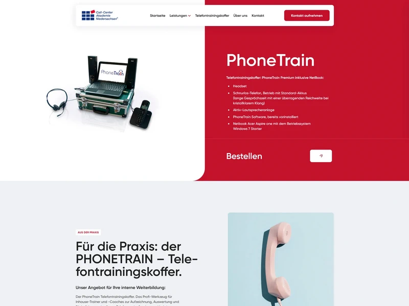 Home page presenting call center training equipment and academy details